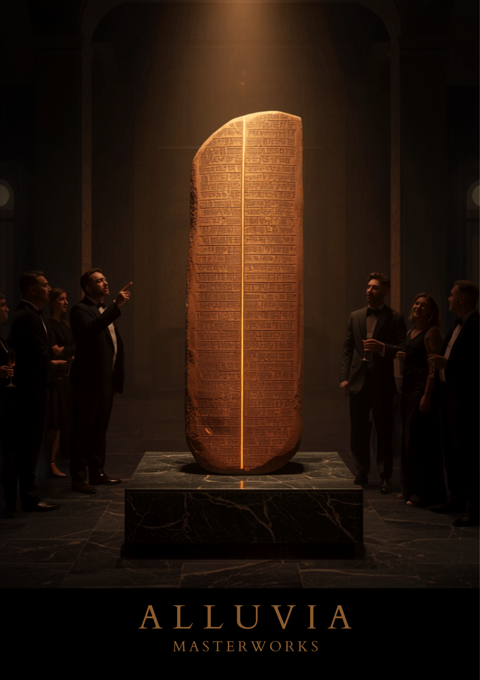 A private black-tie unveiling: guests in tuxedos and evening gowns admire a monumental fired-clay stele with a gilded seam, lit by a single beam on a black marble plinth